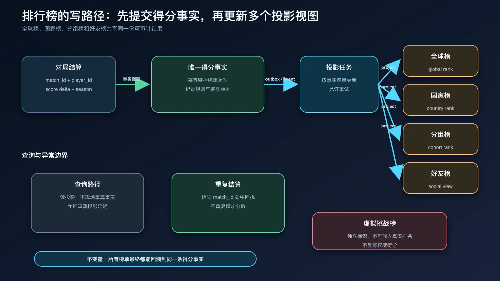 对局结算先提交唯一得分事实，再异步投影到各类排行榜