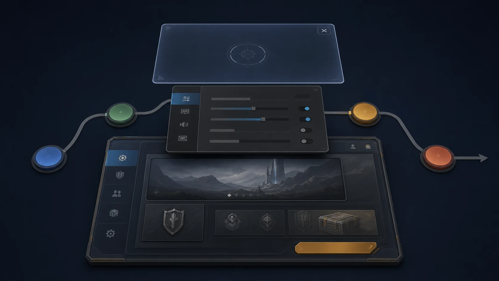 大厅 Root、局部页面和 Overlay 的分层主视觉