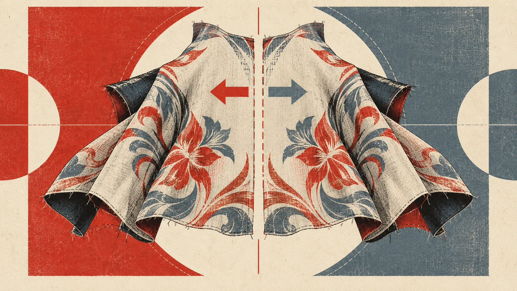 镜像布料接缝两侧切线方向翻转的版画概念图